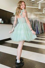 Grey Blue Ruffled A Line Homecoming Dresses Tiered Short Corset Cocktail Dresses