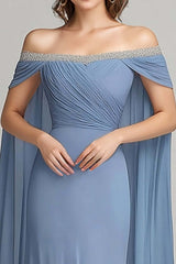 Grey Blue Wedding Guest Dress Chiffon Off The Shoulder Formal Dress With Cape