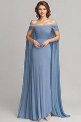 Grey Blue Wedding Guest Dress Chiffon Off The Shoulder Formal Dress With Cape