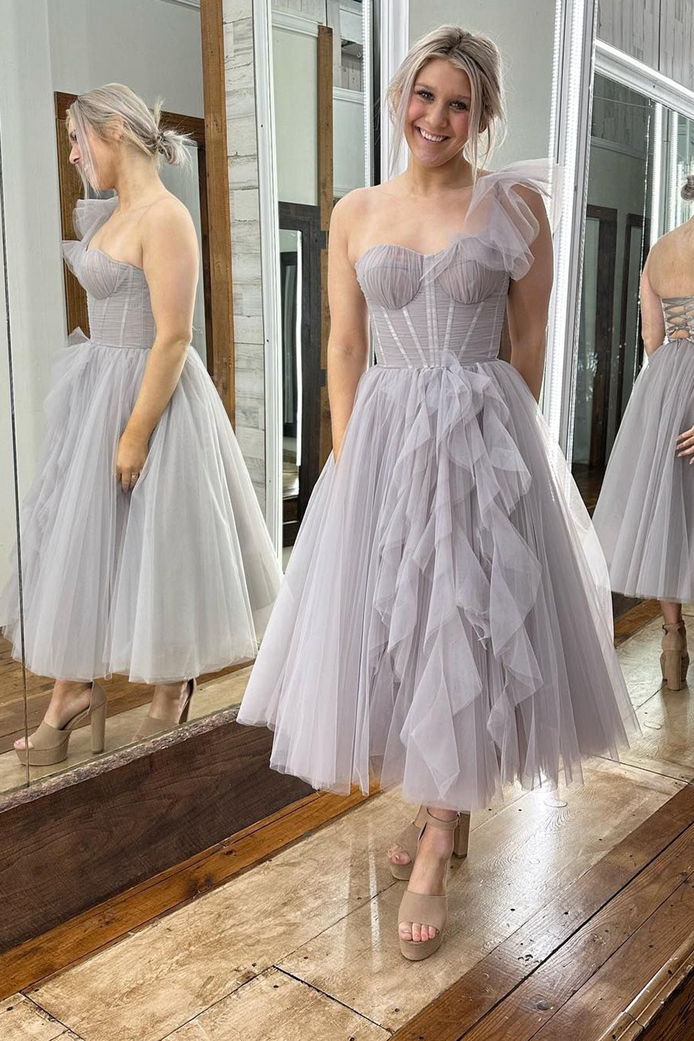 Grey Homecoming Dresses Corset One Shoulder Tulle Cocktail Dresses with Ruffles