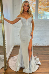 Grey Prom Dress Beaded Mermaid Long Evening Dress with Slit