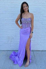 Grey Prom Dress Blue Prom Dress Strapless Corset Long Evening Dress with Slit