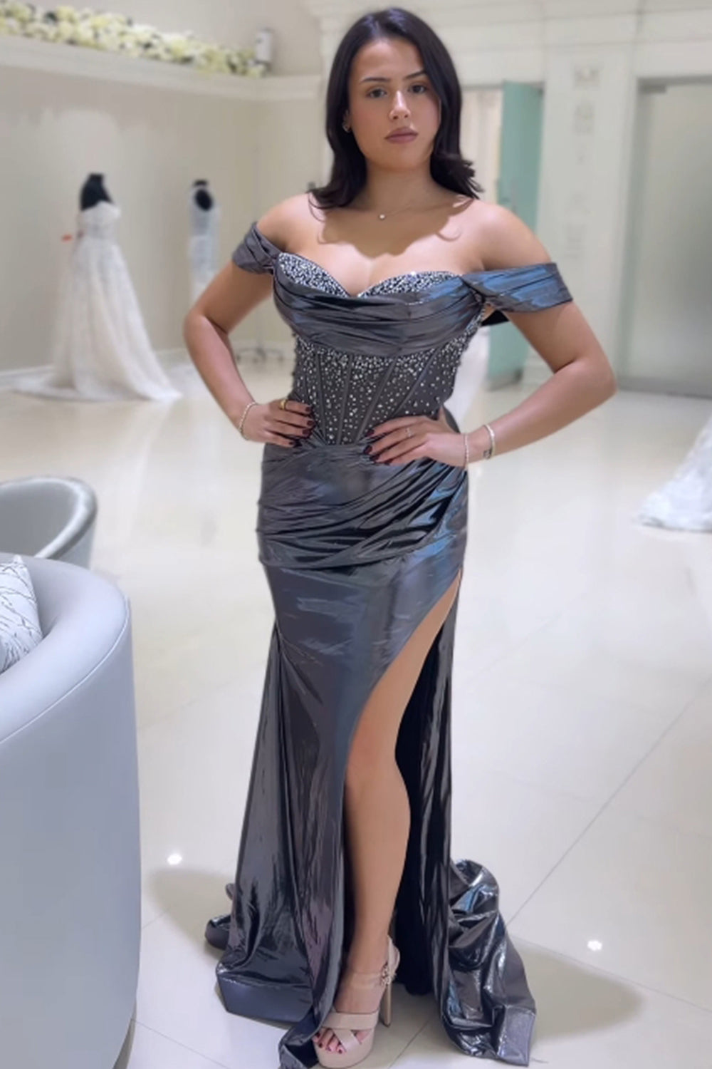 Grey Prom Dress Off The Shoulder Mermaid Evening Dress with Slit