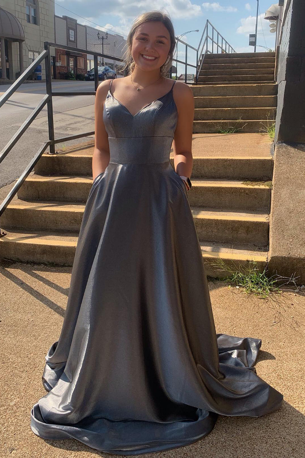 Grey Spaghetti Straps Prom Dress A Line Backless Long Evening Dress with Pockets