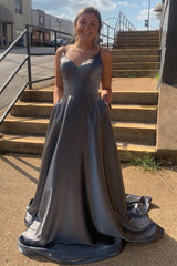 Grey Spaghetti Straps Prom Dress A Line Backless Long Evening Dress with Pockets
