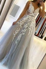 Grey Tulle A Line Prom Dress V Neck Formal Dress with Appliques