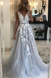 Grey Tulle A Line Prom Dress V Neck Formal Dress with Appliques