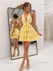 Dressystars Halter Beaded Tiered Ruffle Homecoming Dresses Mini Cocktail Dresses
