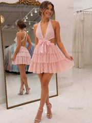 Dressystars Halter Beaded Tiered Ruffle Homecoming Dresses Mini Cocktail Dresses