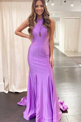 Halter Cross Neck Purple Prom Dress Long Bodycon Evening Dress