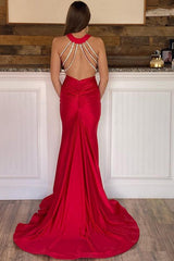 Halter Deep V Neck Red Prom Dress Long Bodycon Evening Dress