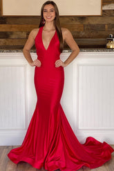 Halter Deep V Neck Red Prom Dress Long Bodycon Evening Dress