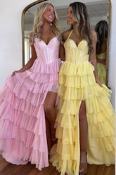 Halter Neck Beaded Top Corset Ruffle Prom Dress With Flowing Skirt And Slit Formal Evening Gown