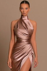 Halter Neck Satin Wedding Guest Dress Lace-Up Back Bridesmaid Dress
