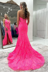 Halter Pink Prom Dress Long Lace Formal Dress With Slit