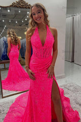 Halter Pink Prom Dress Long Lace Formal Dress With Slit