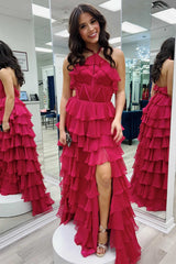 Halter Prom Dress Keyhole Ruffle Tiered Evening Dress With Split