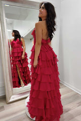 Halter Prom Dress Keyhole Ruffle Tiered Evening Dress With Split