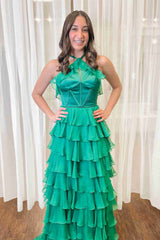 Halter Prom Dress Keyhole Ruffle Tiered Evening Dress With Split