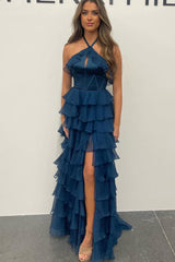 Halter Prom Dress Keyhole Ruffle Tiered Evening Dress With Split