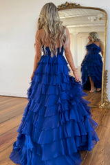 Halter Royal Blue Prom Dress A Line Tiered Corset Long Evening Dress with Slit