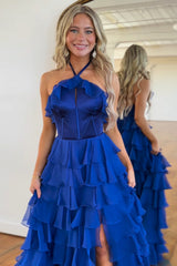 Halter Royal Blue Prom Dress A Line Tiered Corset Long Evening Dress with Slit