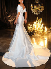 Halter Sleeveless Trumpet Mermaid Sweep Train Satin Wedding Dress