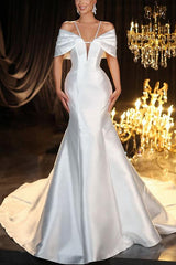 Halter Sleeveless Trumpet Mermaid Sweep Train Satin Wedding Dress