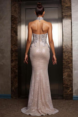 Dressystars Halter Formal Dress Silver Beaded Sheath/Column Evening Gown
