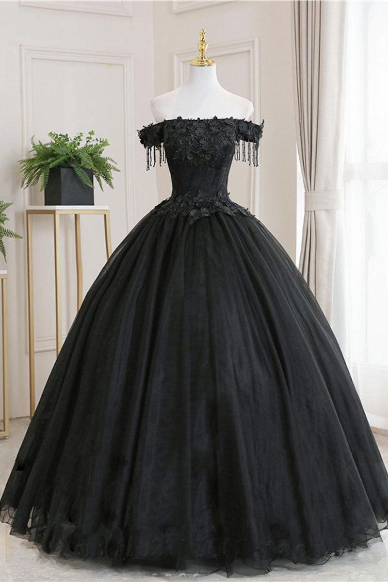 Handmade Ball Gown Wedding Dress Black Tulle Lace Formal Party Dress