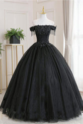 Handmade Ball Gown Wedding Dress Black Tulle Lace Formal Party Dress