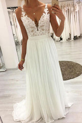 Handmade Bridesmaid Dress A Line V Neck White Long Chiffon Lace Wedding Guest Dress