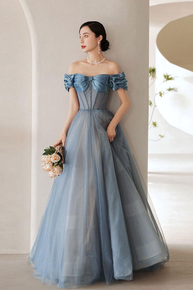 Handmade Bridesmaid Dress Blue Off the Shoulder Satin Long Wedding Guest Dress