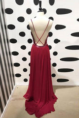 Handmade Bridesmaid Dress Burgundy V Neck Lace Chiffon Long Wedding Guest Dress