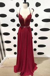 Handmade Bridesmaid Dress Burgundy V Neck Lace Chiffon Long Wedding Guest Dress