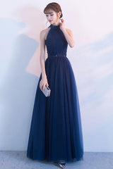 Handmade Bridesmaid Dress Dark Blue Tulle High Neck Long Wedding Guest Dress