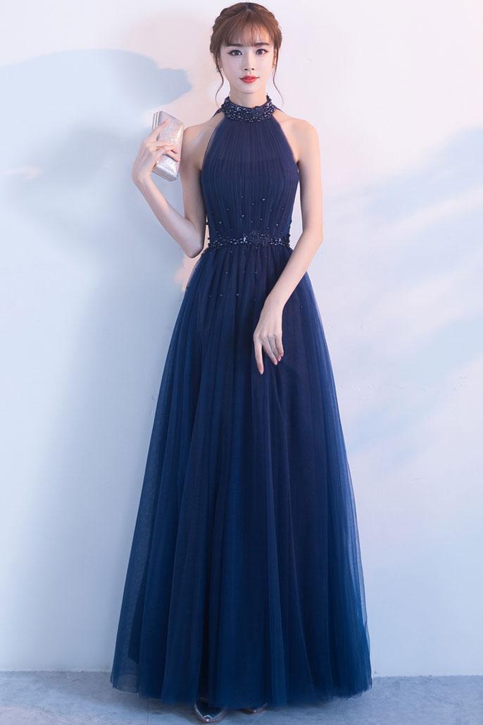 Handmade Bridesmaid Dress Dark Blue Tulle High Neck Long Wedding Guest Dress