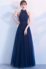 Handmade Bridesmaid Dress Dark Blue Tulle High Neck Long Wedding Guest Dress
