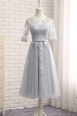 Handmade Bridesmaid Dress Gray Tulle Lace Long Wedding Guest Dress