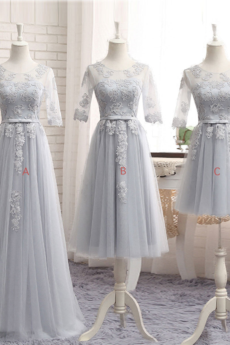 Handmade Bridesmaid Dress Gray Tulle Lace Long Wedding Guest Dress