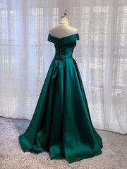Handmade Bridesmaid Dress Green Satin Off the Shoulder Long Wedding Guest Dress
