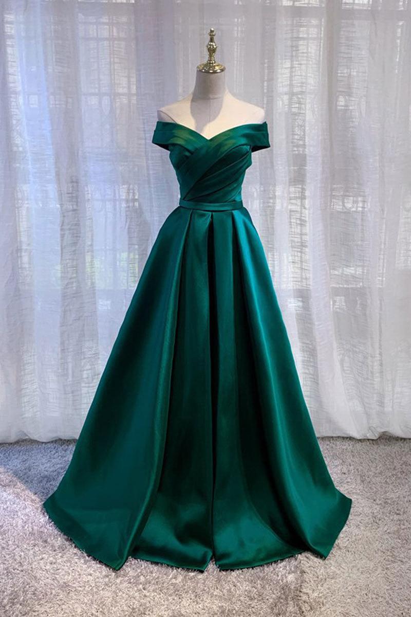 Handmade Bridesmaid Dress Green Satin Off the Shoulder Long Wedding Guest Dress