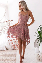 Handmade Bridesmaid Dress Pink V Neck Tulle Lace High Low Lace Wedding Guest Dress