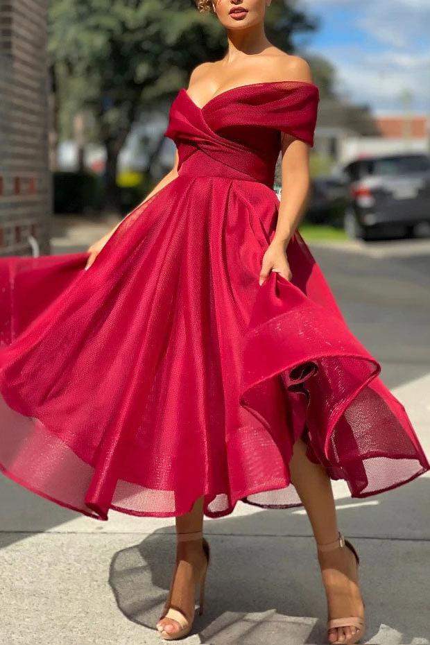 Handmade Bridesmaid Dress Simple Burgundy Tulle Off the Shoulder Wedding Guest Dress