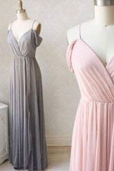 Handmade Bridesmaid Dress Simple V Neck Off the Shoulder Pink Wedding Guest Dress