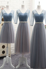Handmade Bridesmaid Dress Simple V Neck Tulle Gray Blue Wedding Guest Dress