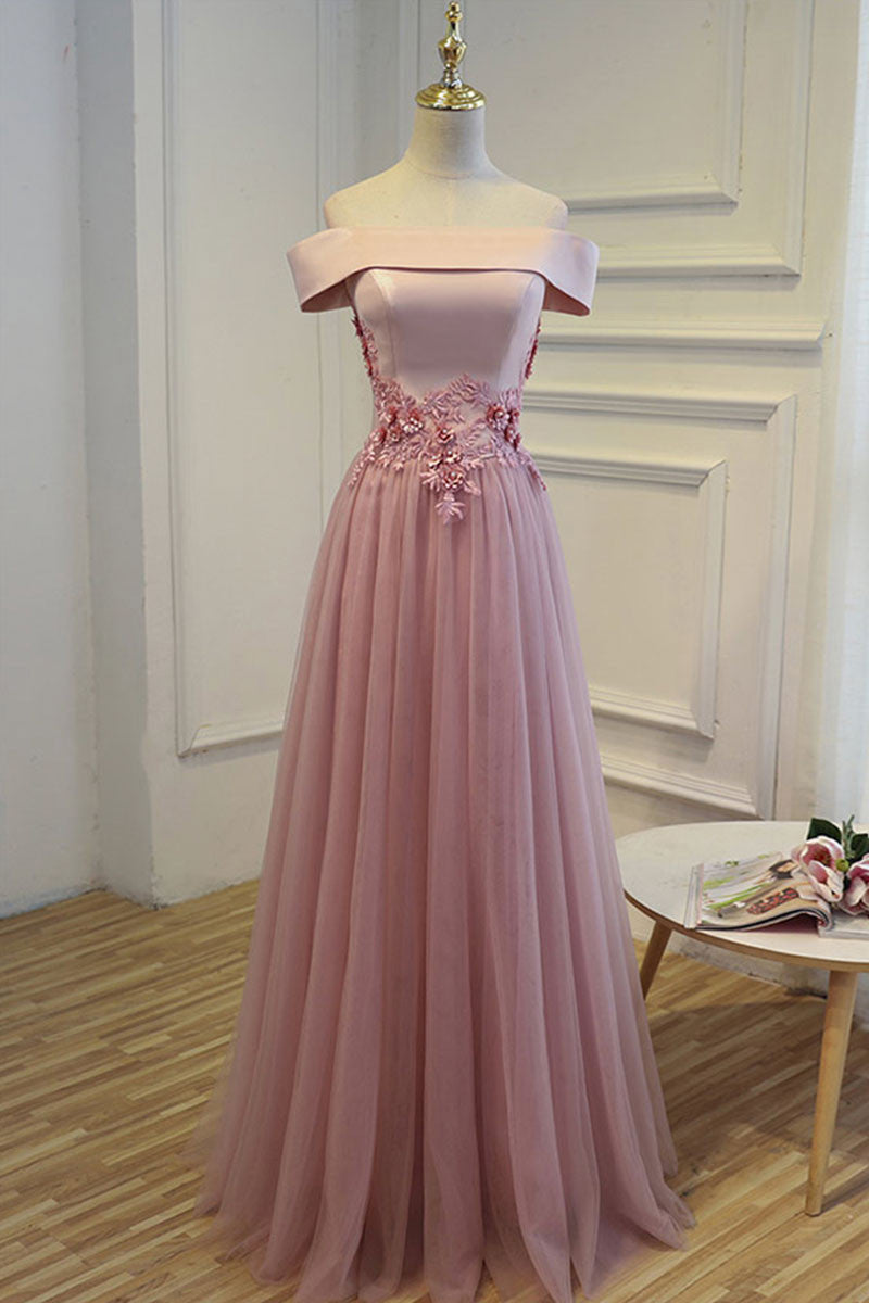 Handmade Bridesmaid DressA Line Off the Shoulder Tulle Long Wedding Guest Dress