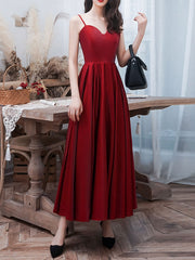 Handmade Bridesmaid DressA Line Satin Burgundy Tea Length Wedding Guest Dress
