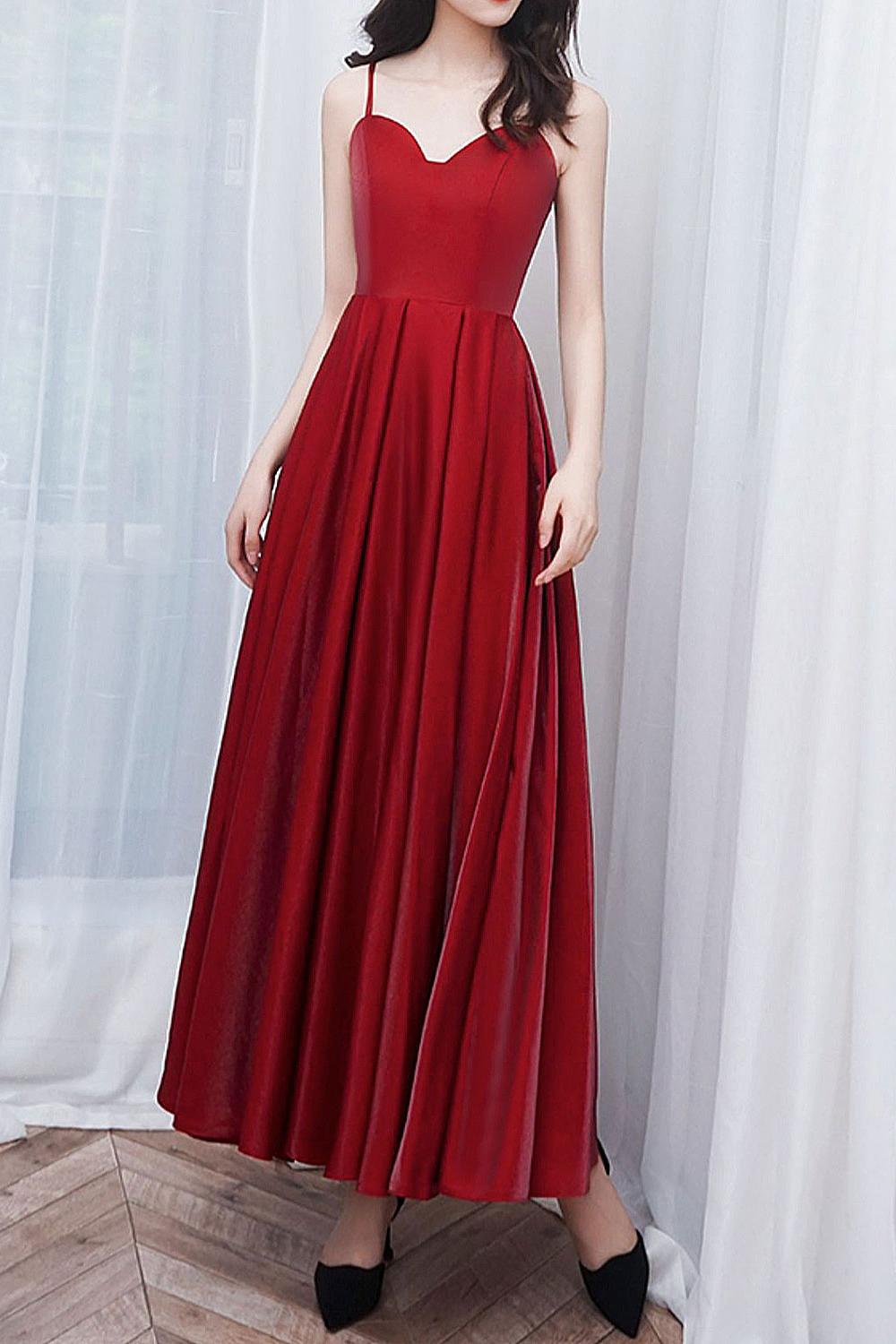 Handmade Bridesmaid DressA Line Satin Burgundy Tea Length Wedding Guest Dress