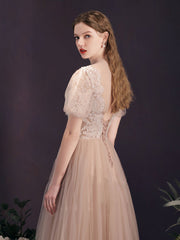 Handmade Bridesmaid DressA Line Tulle Lace Champagne Long Tulle Lace Long Wedding Guest Dress